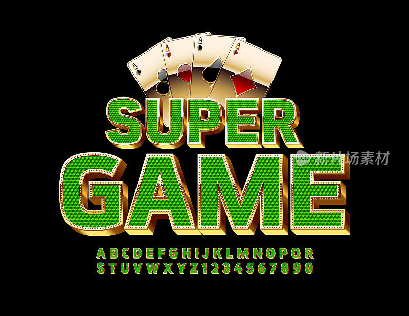 Vector chic Emblem Super Game. Green and Gold Alphabet Letters and Numbers